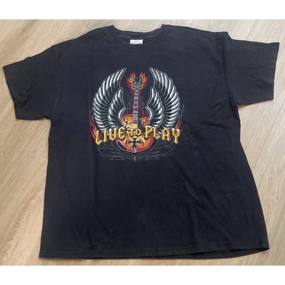 Live To Play Electric Bass Guitar Black T-Shirt Rock Country Music Sz XL Hanes